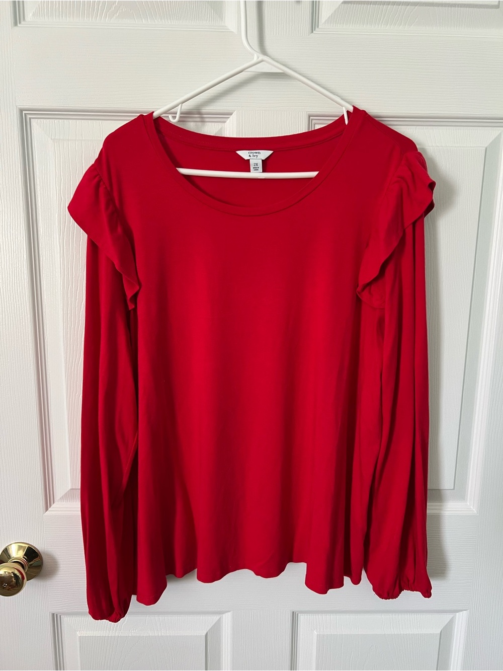 crown & ivy Red Long-Sleeve Ruffle Shoulder Top